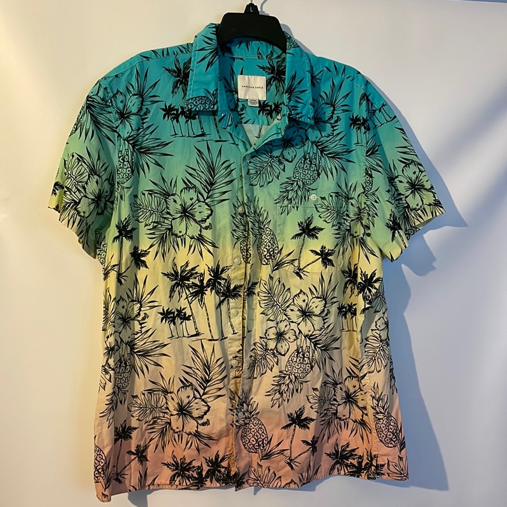 American Eagle Outfitters Tropical Bottom Down Shirt Short Sleeve XL Blue Green